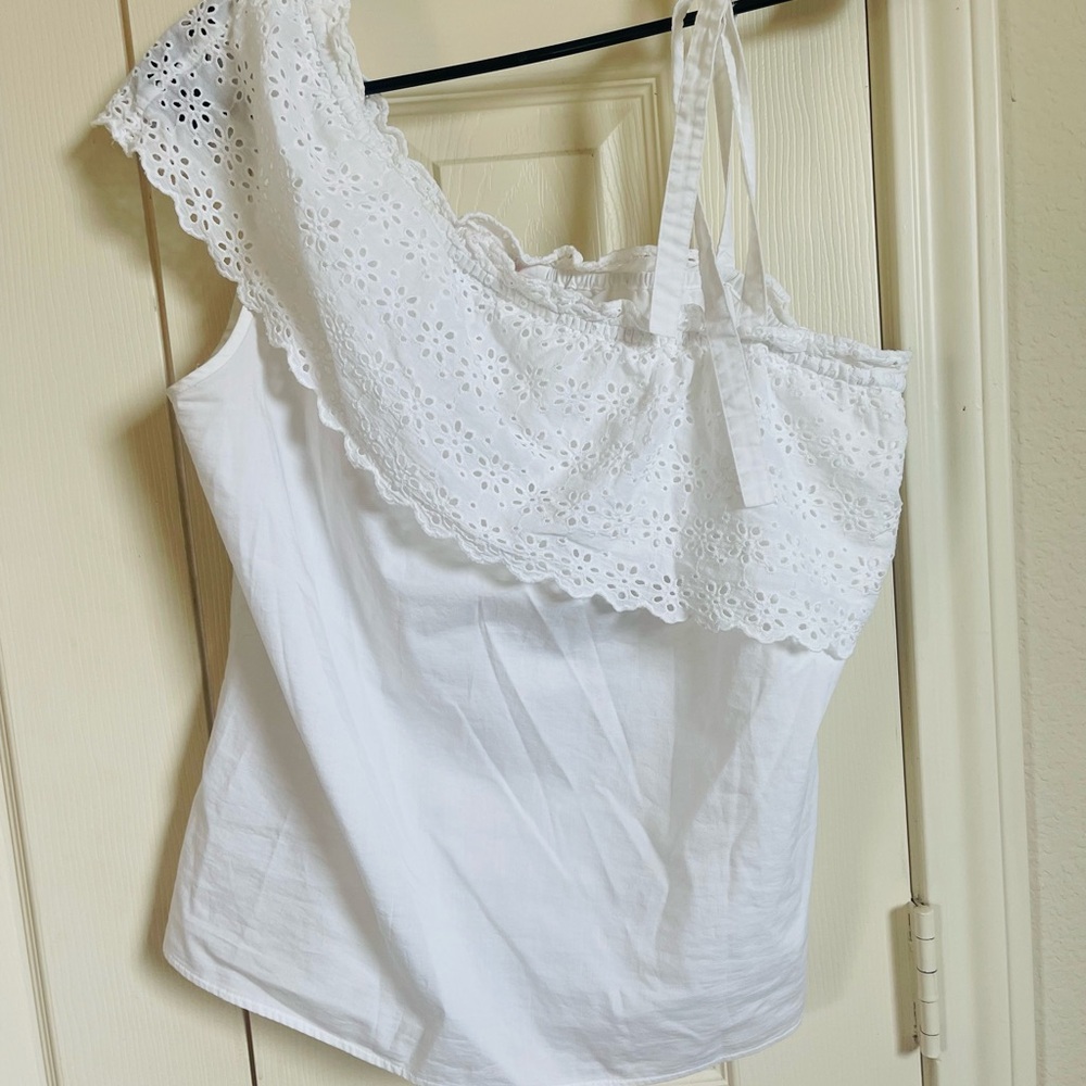 Brooks Brothers White Eyelet One-Shoulder Top